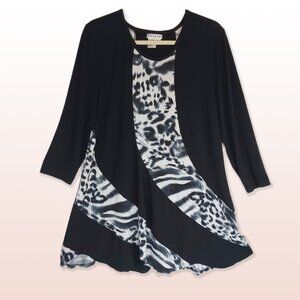Gardy Animal Print Black White Long Flair Top Tunic Size M